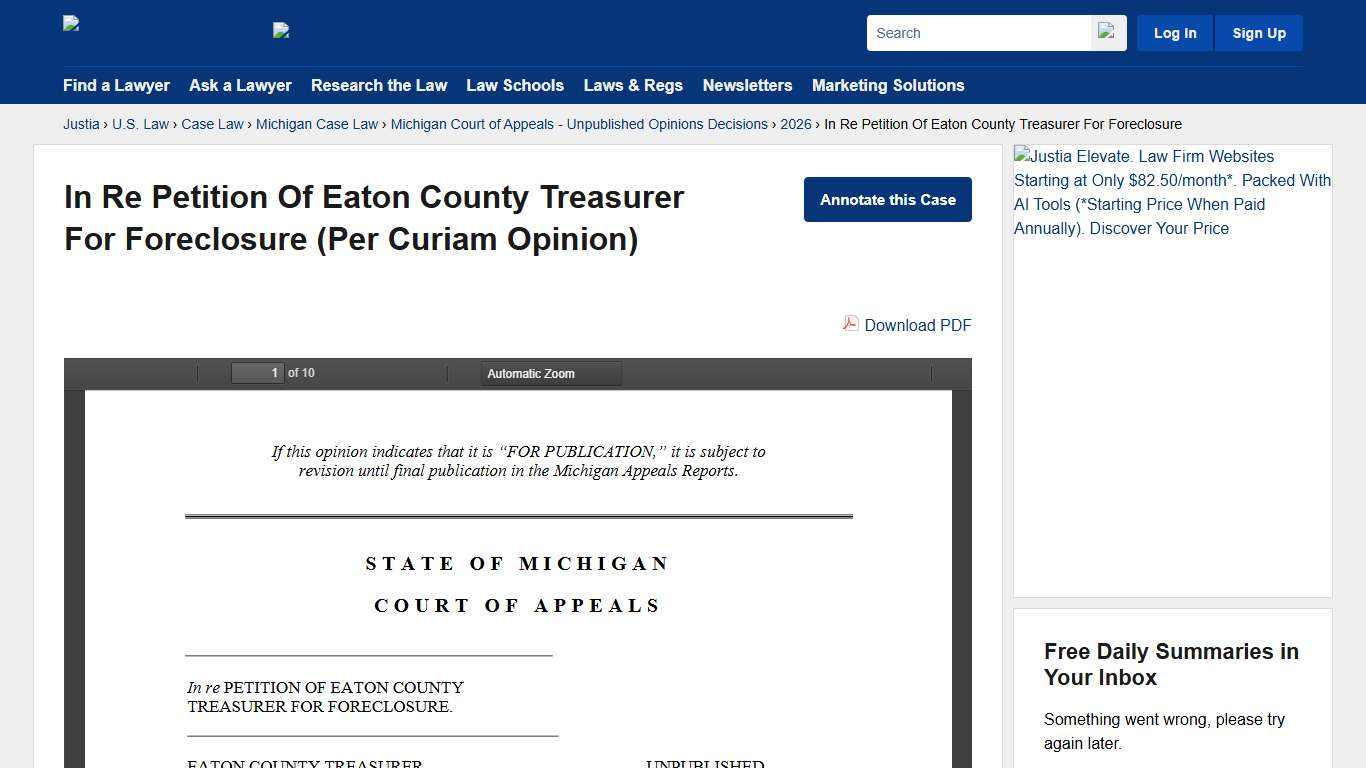 In Re Petition Of Eaton County Treasurer For Foreclosure :: 2026 :: Michigan Court of Appeals - Unpublished Opinions Decisions :: Michigan Case Law :: Michigan Law :: U.S. Law :: Justia